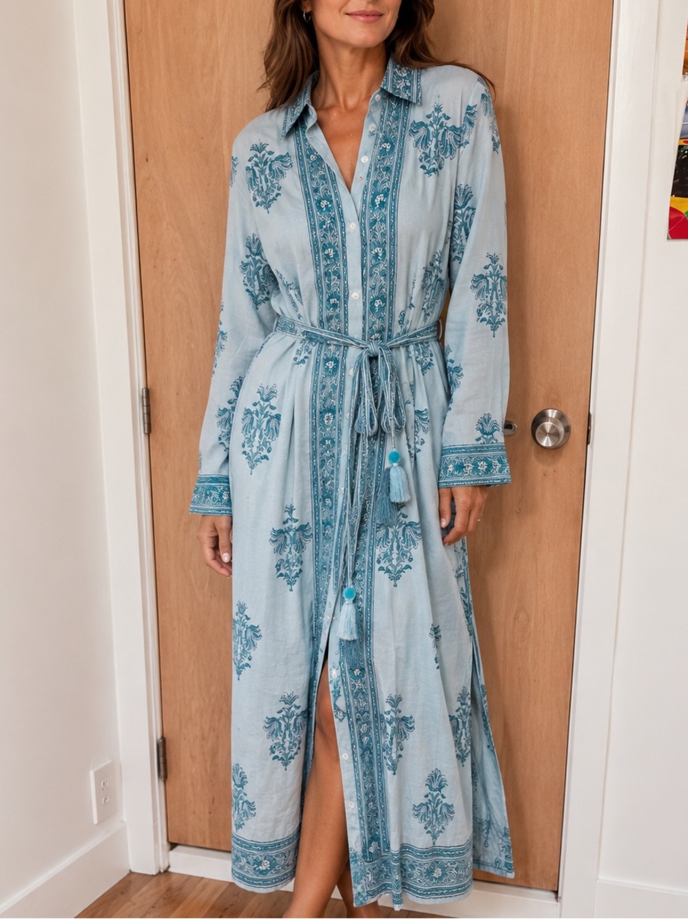 Light Blue Floral Print Tie-Waist Maxi Dress